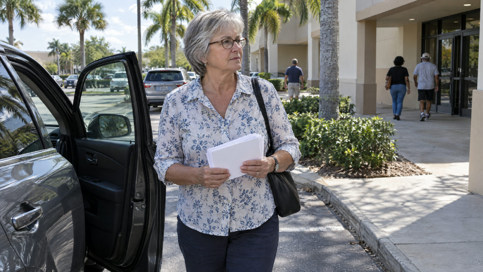 A treasurer beside her open car door in a sunny parking lot under palm trees, holding a bundle of sealed envelopes on her way inside