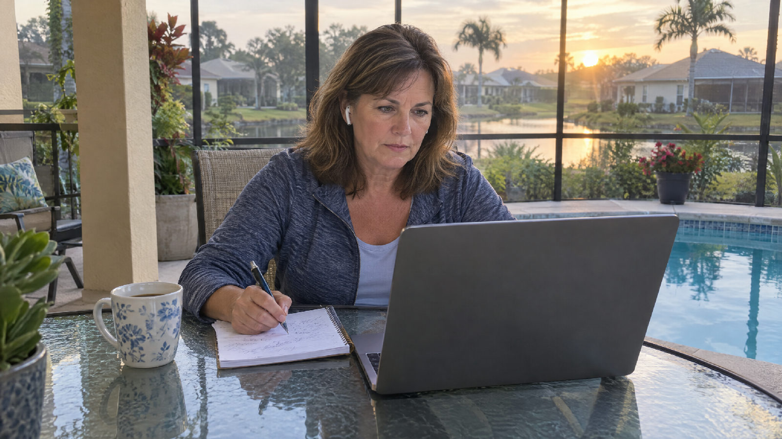 A new board member on a screened Florida lanai at sunrise, wearing earbuds and taking notes beside a laptop turned away from the camera