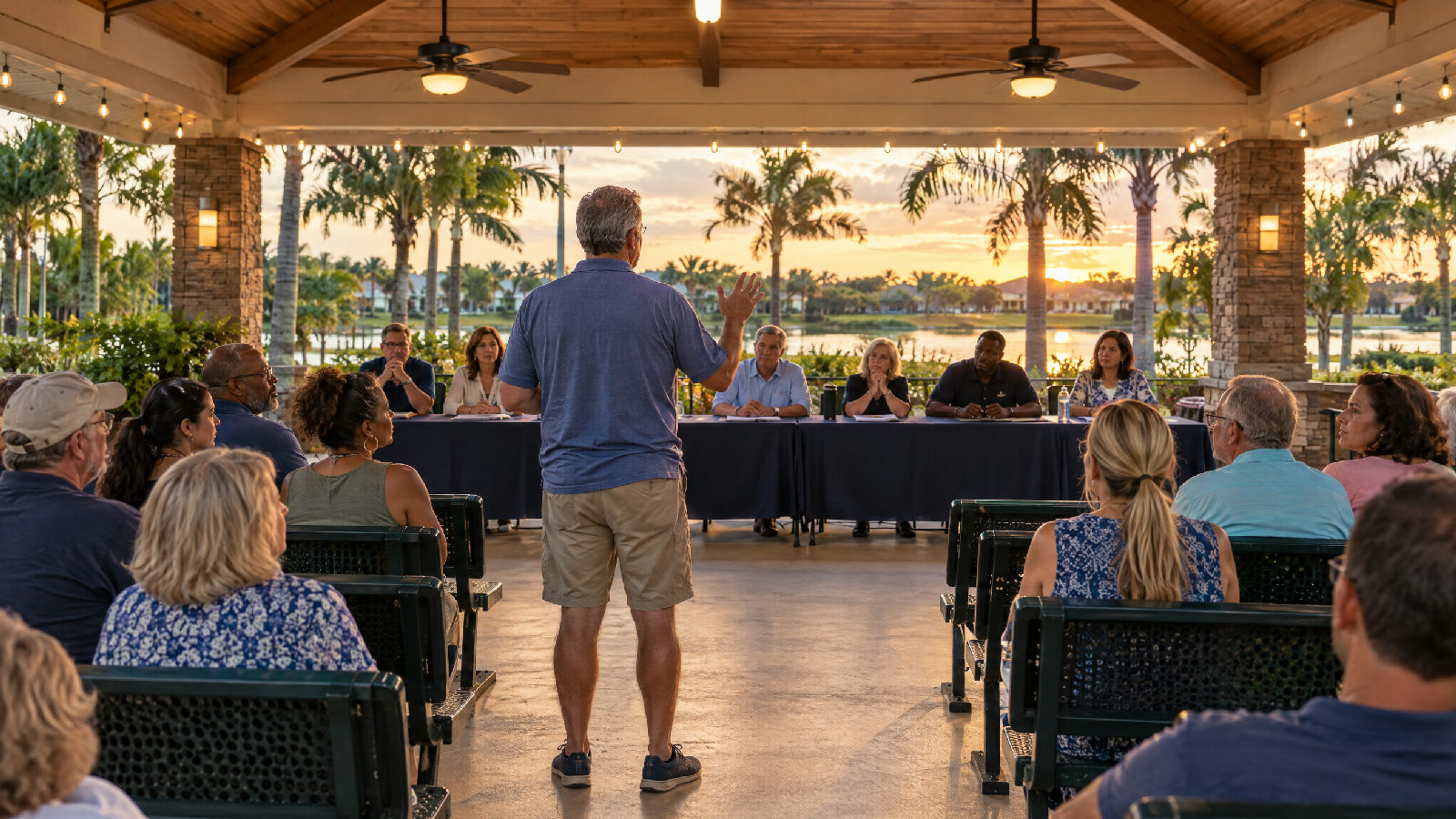A homeowner standing to speak at an evening board meeting in an open-air community pavilion, the board at a table in front and neighbors turned to listen