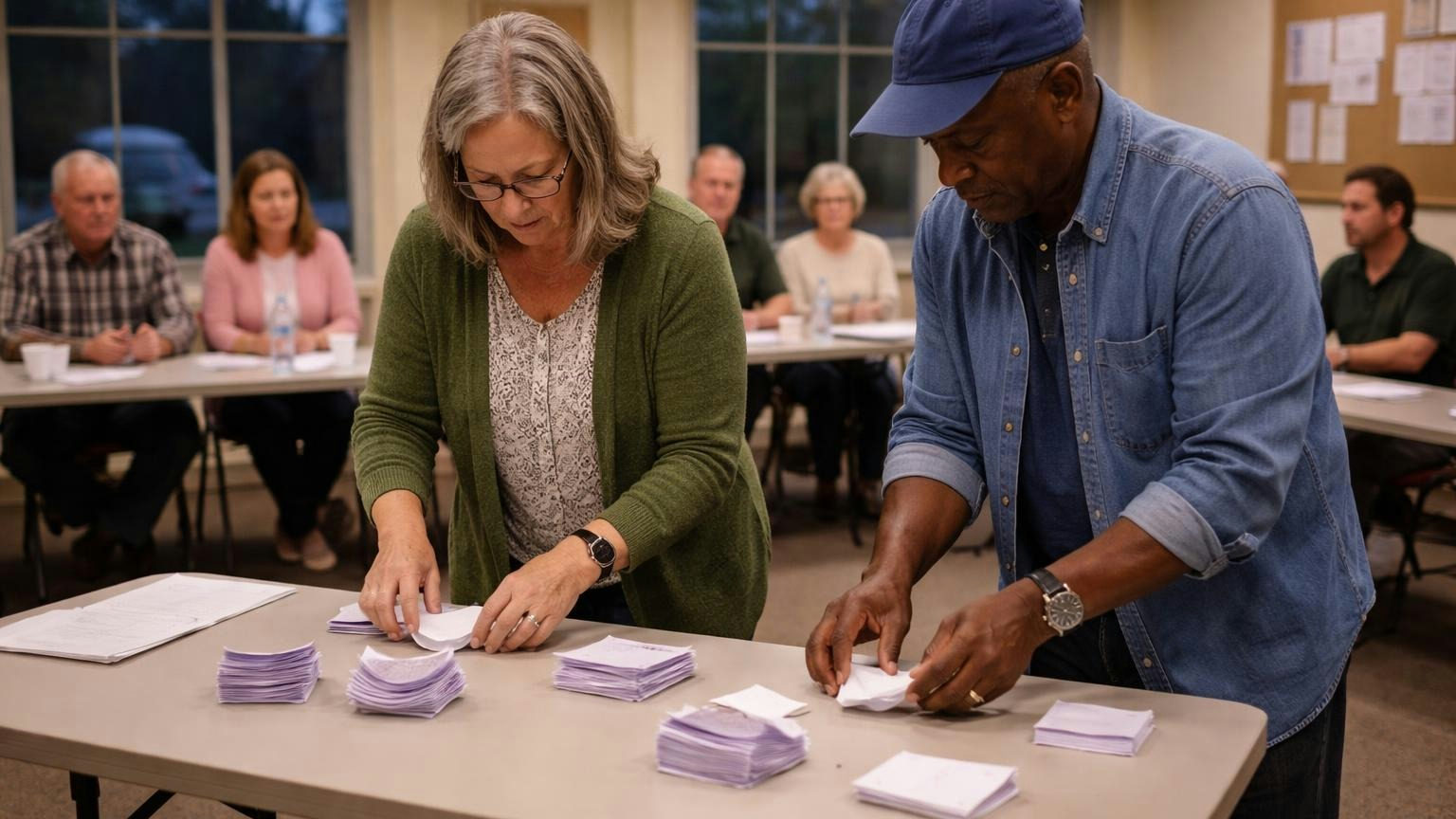 Two neighbors from the front row of an annual meeting counting folded paper ballots into small piles at a side table while the board members watch from their chairs