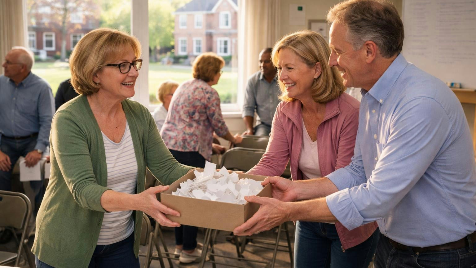 A board secretary at the end of an annual meeting holding a shoebox of folded paper ballots out to two neighbors standing up from the front row to take it