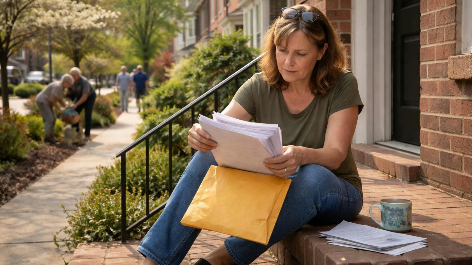 A homeowner sitting on her front porch steps in the afternoon, pulling a thick sheaf of printed pages out of a large padded envelope, the pages turned away from the camera