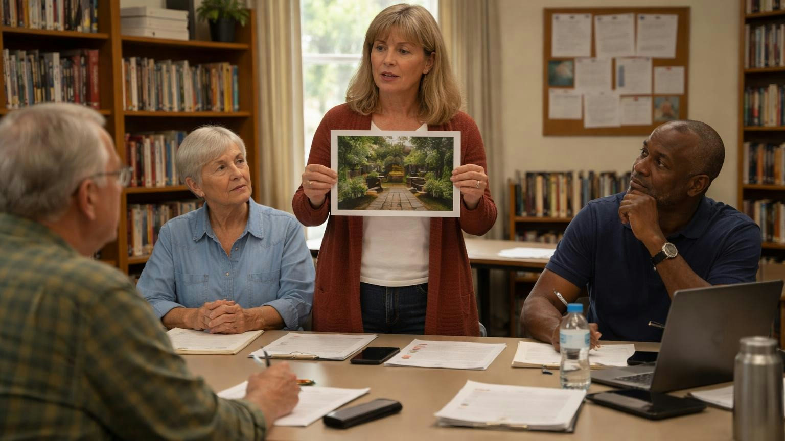 A homeowner standing at the end of a table in a small library meeting room, holding up a photograph of her backyard toward three seated board members