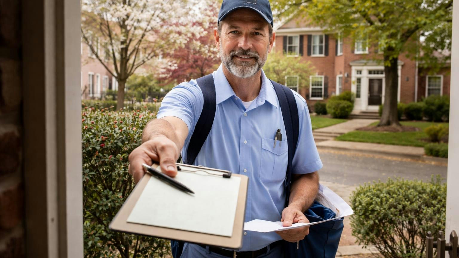 A mail carrier at a front door holding out a plain pale card and a pen for a homeowner to sign, a single envelope in his other hand
