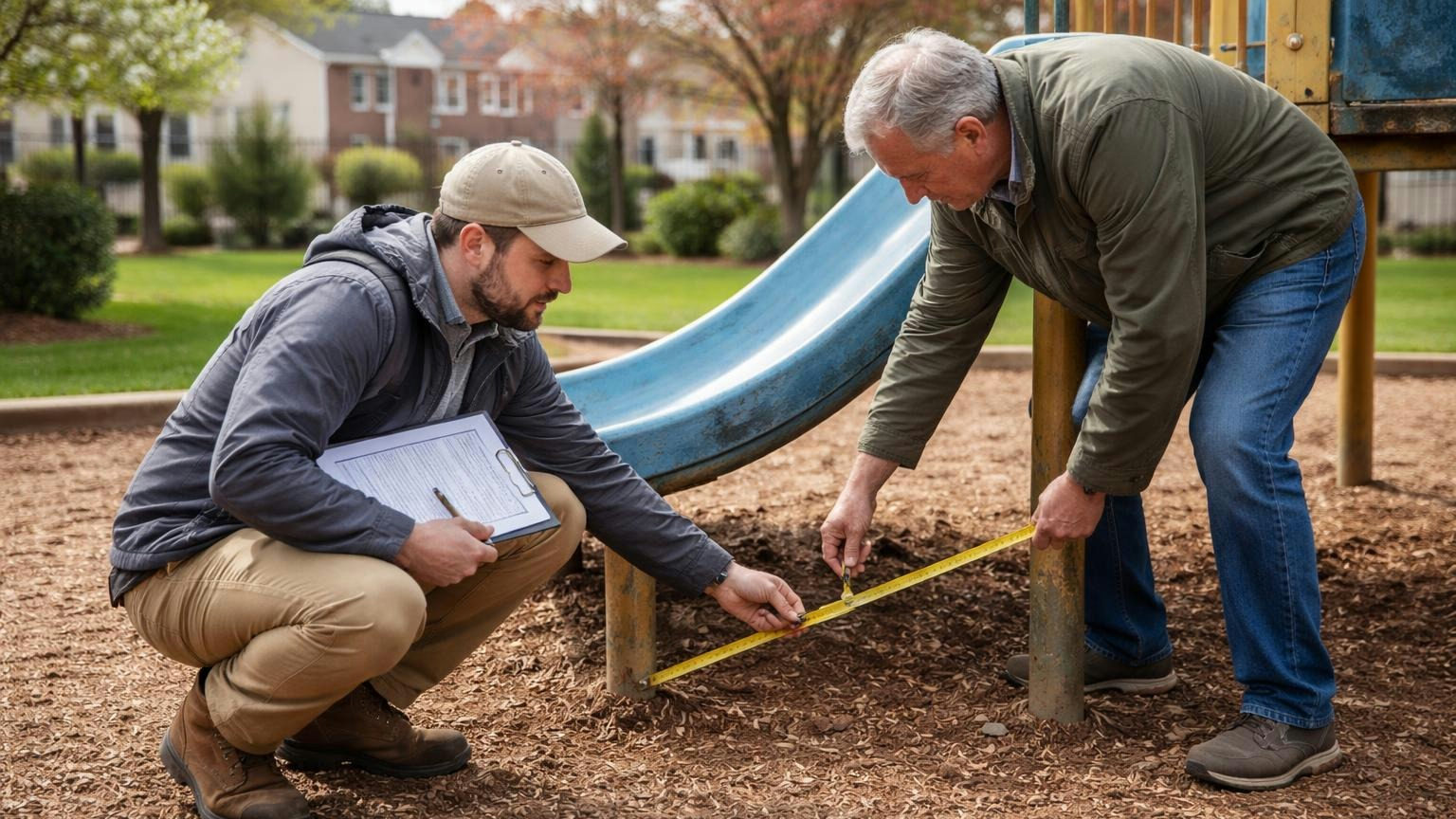 A reserve specialist crouching beside a weathered community playground, running a tape measure along a faded slide support while a board member holds the other end