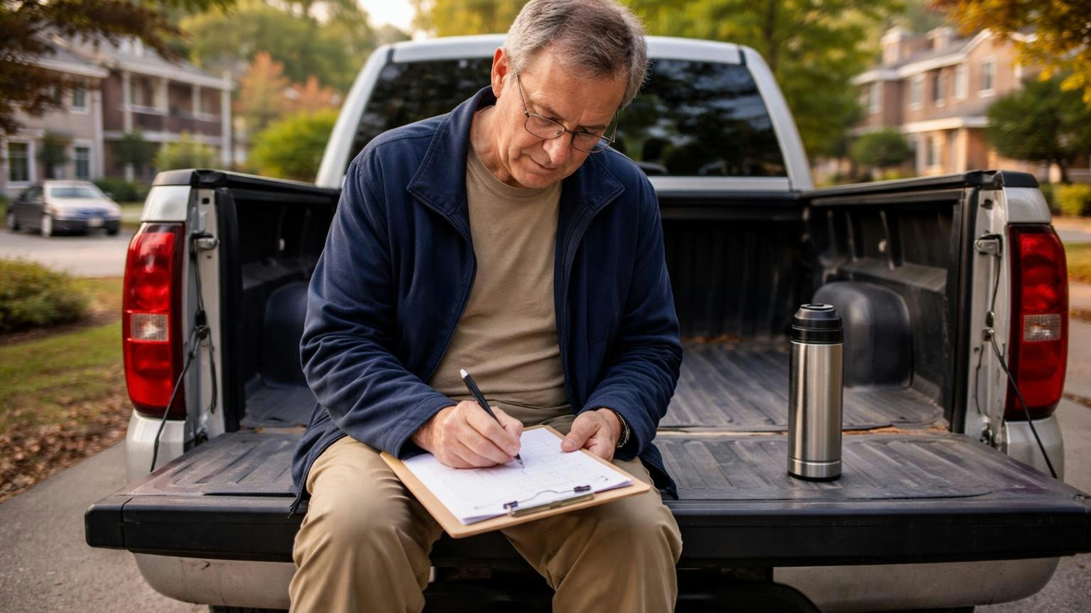 A board member at the open tailgate of his pickup truck in the morning, a coffee thermos beside him, ticking four empty boxes on a blank sheet clipped to a clipboard