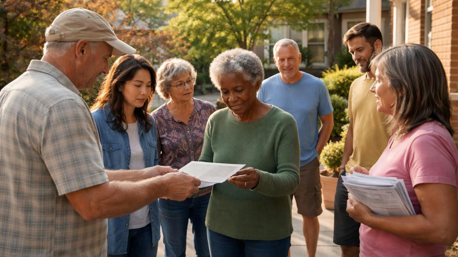 Neighbors standing on a clubhouse patio in late afternoon passing around a single printed flyer, one woman holding a small stack of them under her arm