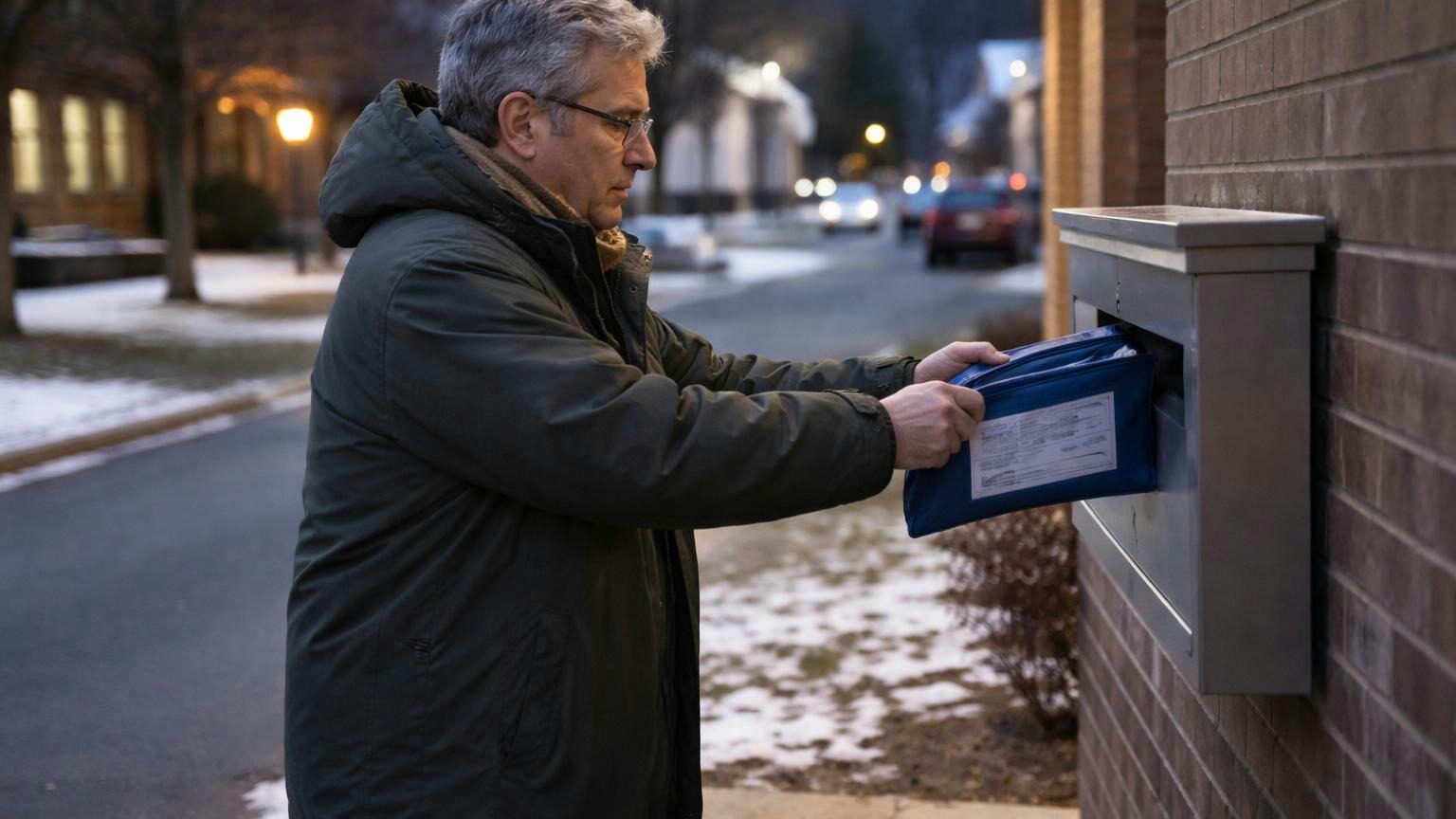 A board treasurer in a winter coat at dusk sliding a zippered deposit bag into a bank's night deposit drop, a dusting of snow along the curb