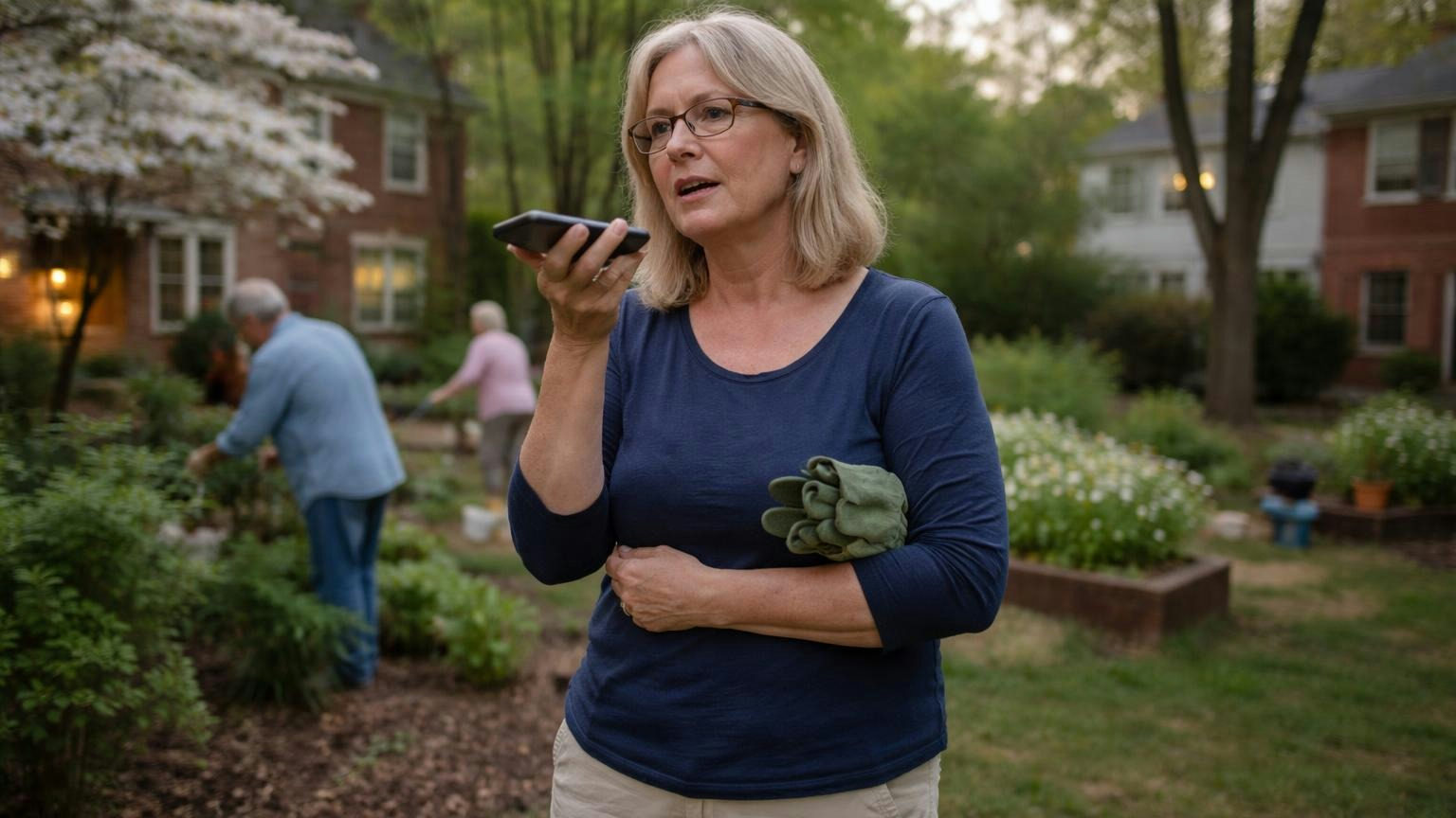 A board member standing in her backyard garden in the evening, holding her phone out on speaker and speaking into it, garden gloves tucked under one arm
