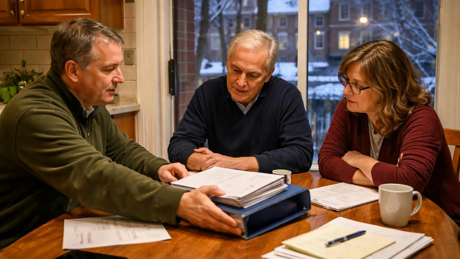 Three condominium trustees at a kitchen table in a brick condominium on a winter evening, one sliding a thick binder across to the other two