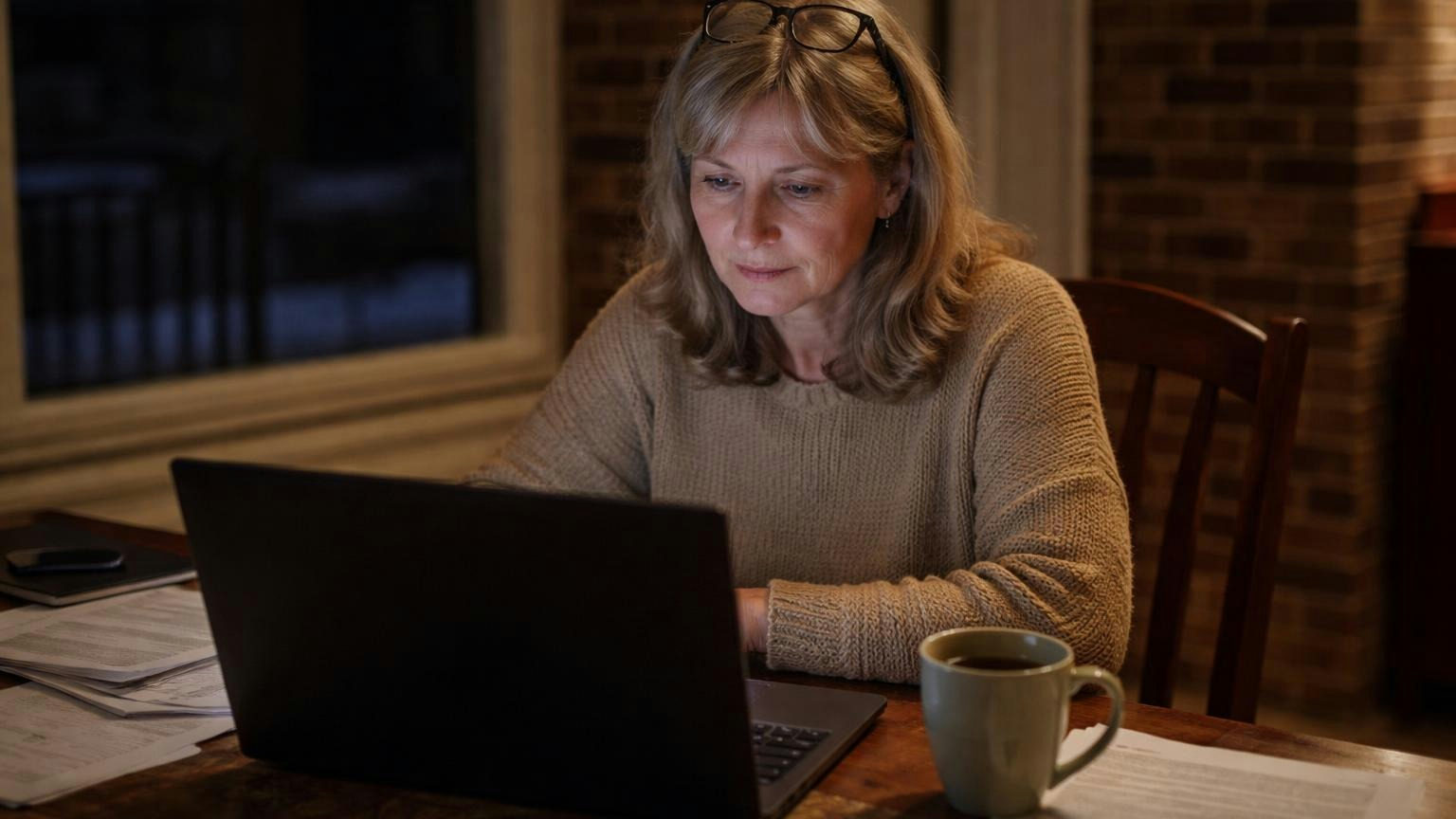 **Phone or video, by right.** Even when the bylaws say otherwise. A condominium trustee at a dining table on a winter evening on a video call, the laptop screen turned away from the camera and its glow on her face, a mug of tea beside the keyboard