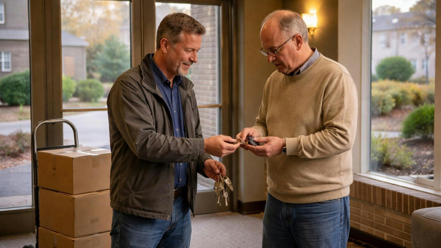 **The records come back.** When the contract ends, the manager hands over every book and account. A departing property manager in a condominium lobby handing a ring of keys and a small flash drive to a trustee, a hand truck of closed cardboard boxes beside them, late afternoon