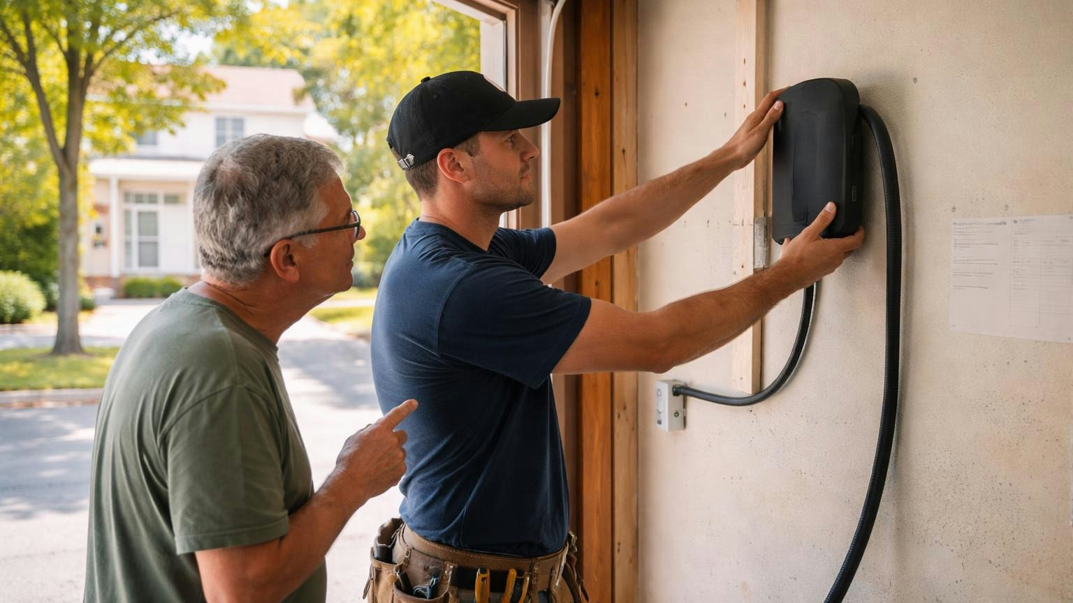 **Sixty days, in writing.** Silence counts as a yes. A homeowner and an electrician in an attached garage on a bright afternoon, the electrician holding a wall-mounted charger up to the drywall while the homeowner points to where the cable will run