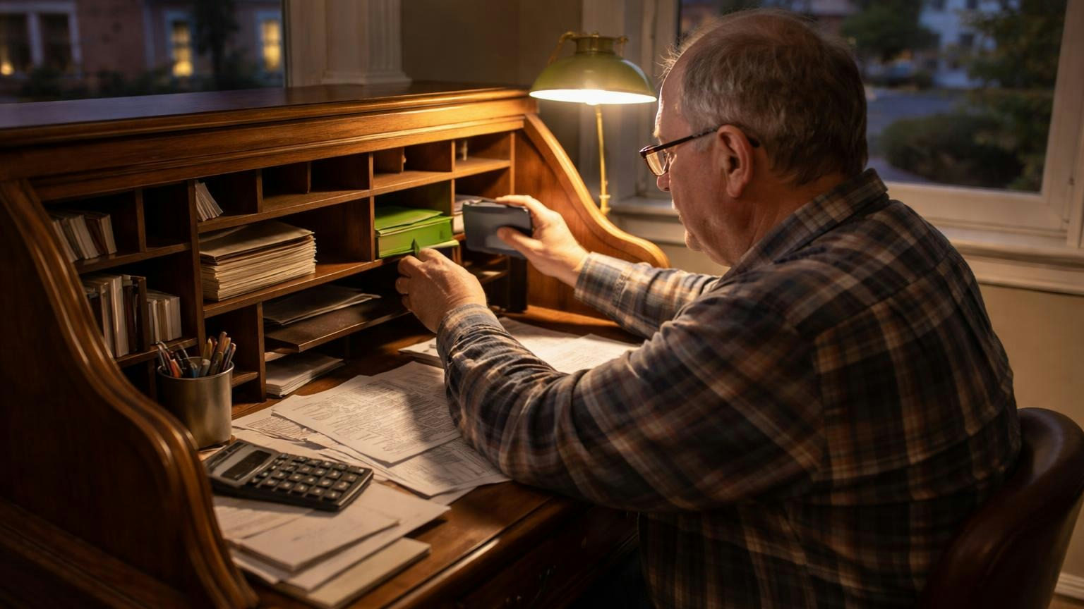 **Two accounts, never one.** Reserve money sits apart from operating money. A condominium treasurer at a rolltop desk in the evening tucking a green checkbook into one cubby and a navy checkbook into another, a desk lamp lit