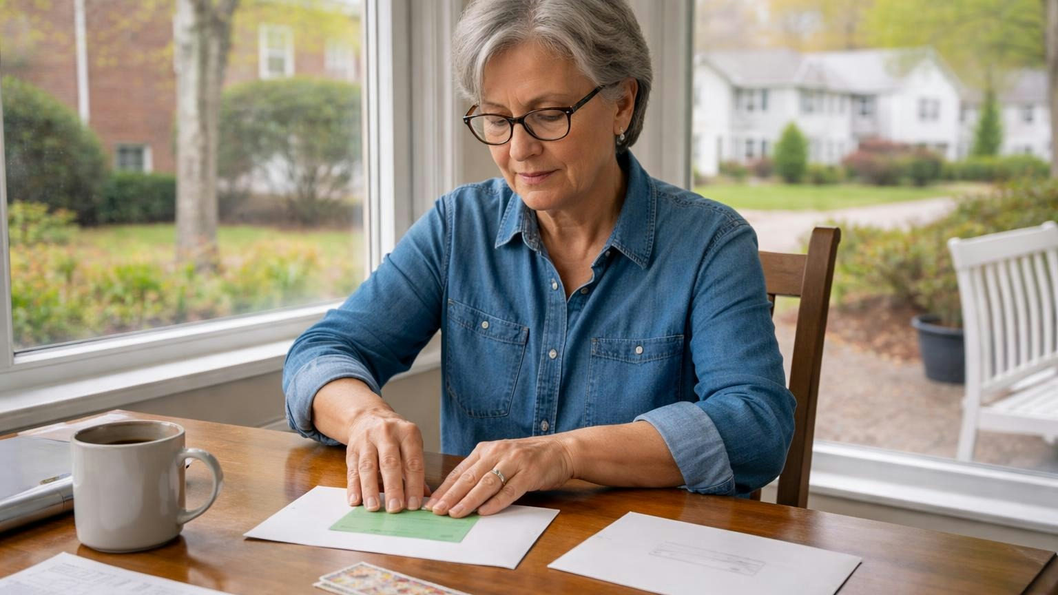 **Certified and first class.** Both, at 60 days late. A board member at her dining table in the morning pressing a green certified-mail card onto a plain envelope, a second envelope and a roll of stamps beside her