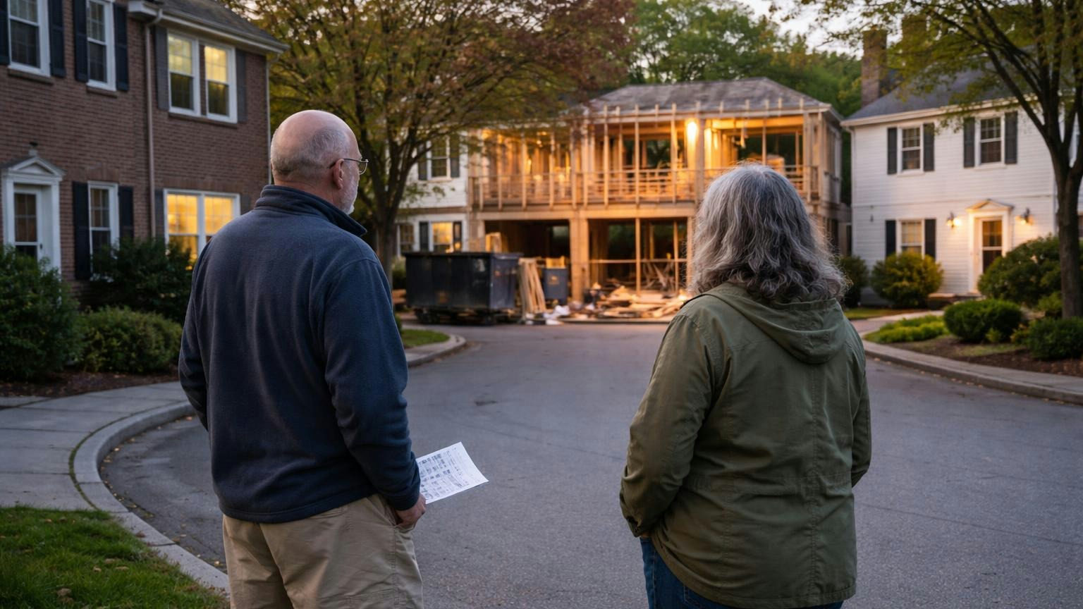**A clock no one watches.** Without a recorded extension or notice, a 30-year-old covenant may not hold. Two neighbours on the sidewalk of a cul-de-sac of colonial houses at dusk, one holding a thin folded document as both look across at a new addition being framed on the house opposite