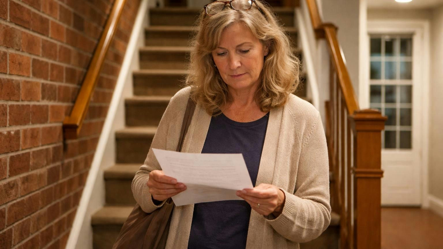 **Self-managed is in the statute.** The duties are real; who does them is the board's call. A condominium trustee in the shared front hallway of her brick building in the evening, reading a printed letter just taken from its envelope, the stairwell rising behind her