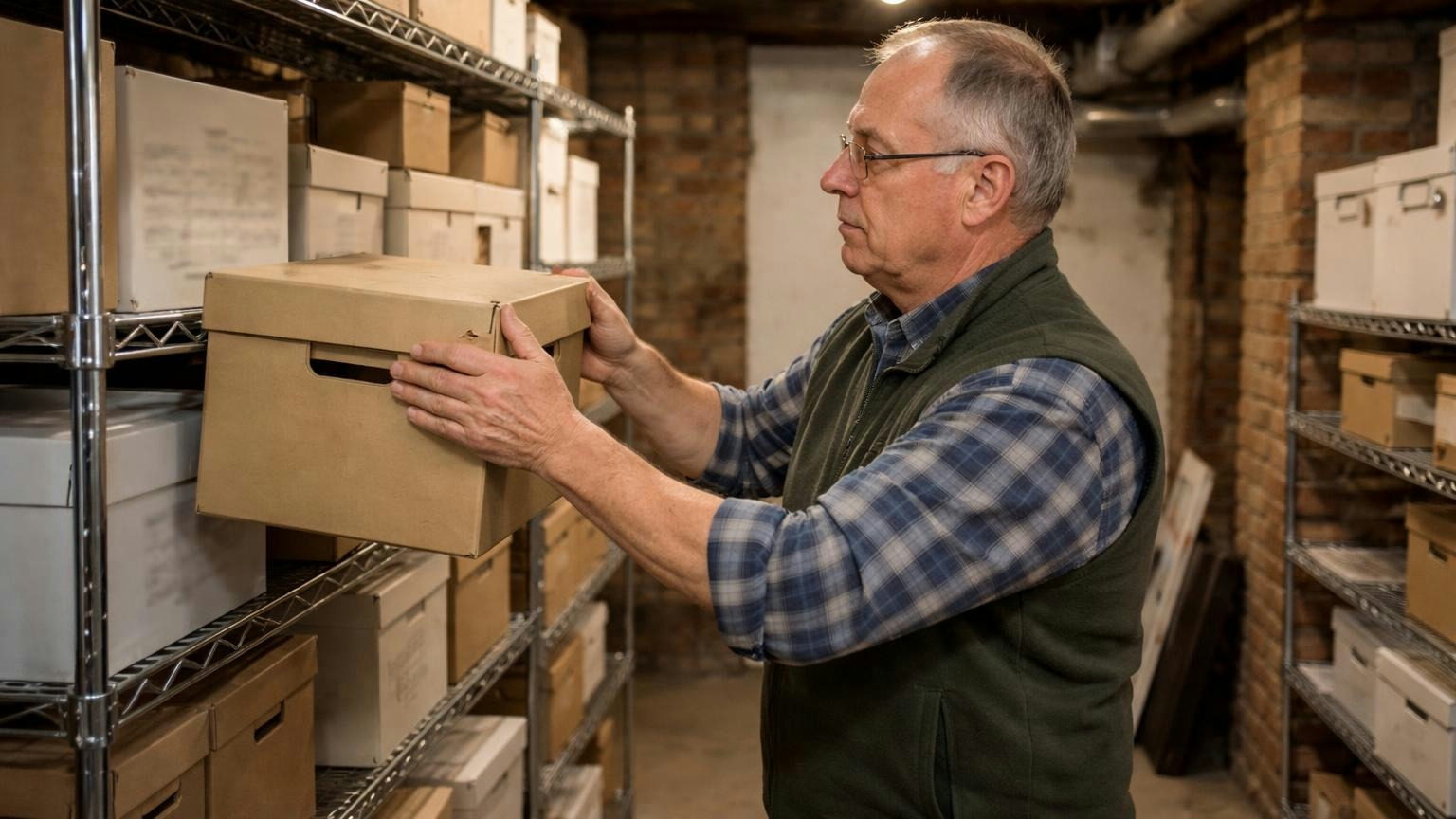 **Seven years, at least.** Kept in Massachusetts and open to owners. A condominium trustee in a building's basement storage room pulling a plain, unmarked banker's box from a metal shelf, a bare bulb overhead