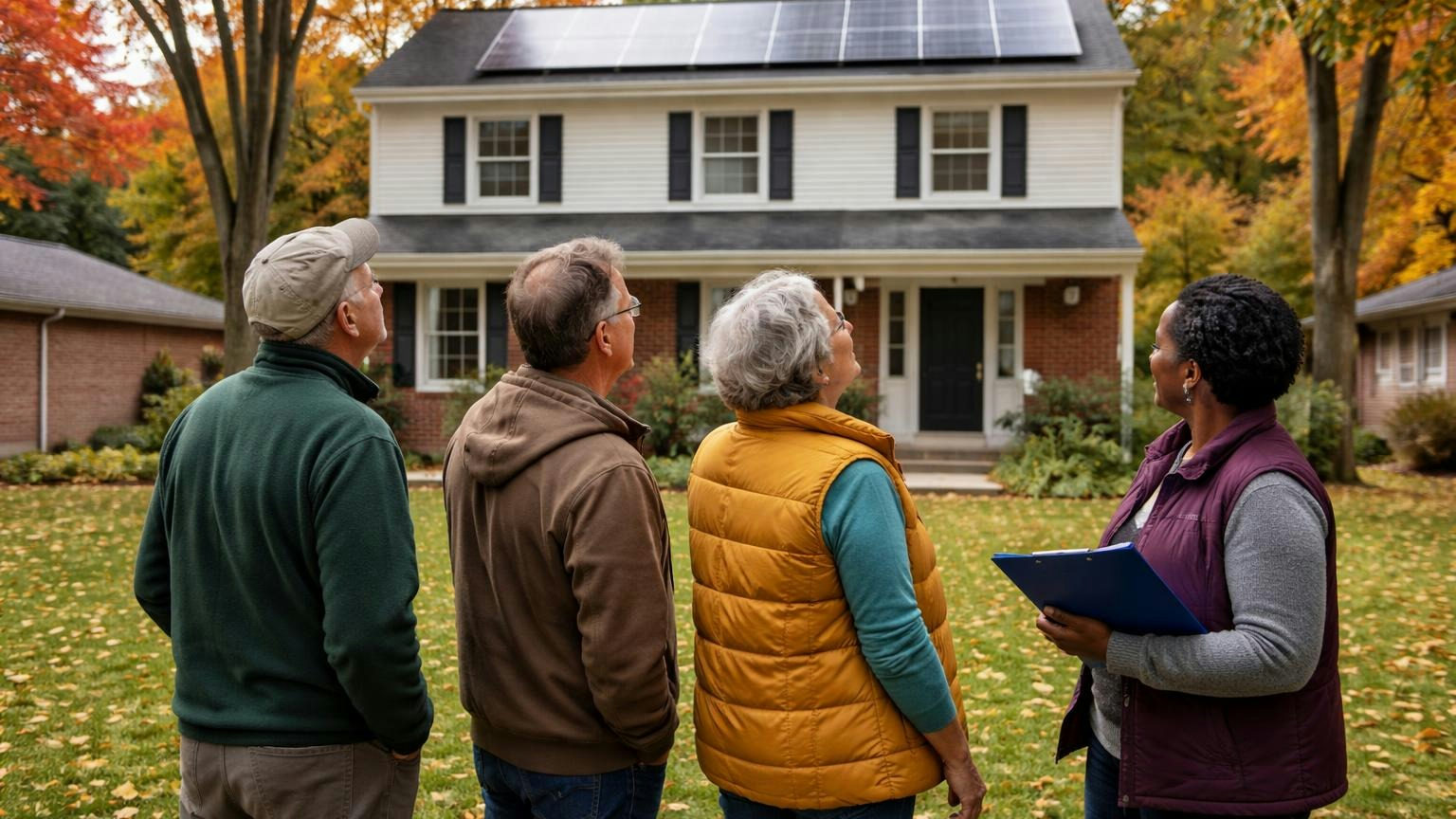 Neighbors on the front lawn of a two-story colonial on an autumn afternoon looking up at new solar panels on the roof, a board member beside them holding a folder