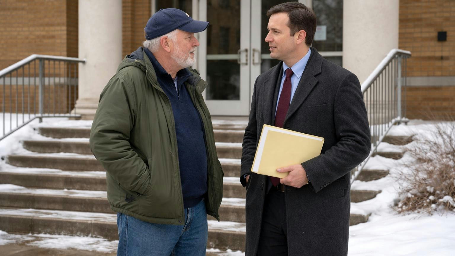 **Recorded before foreclosure.** A Michigan condominium records its notice of lien and mails it at least ten days before any foreclosure. A board member and the association's attorney talking on the snowy front steps of a brick county building on a weekday morning, the attorney holding one thin folder