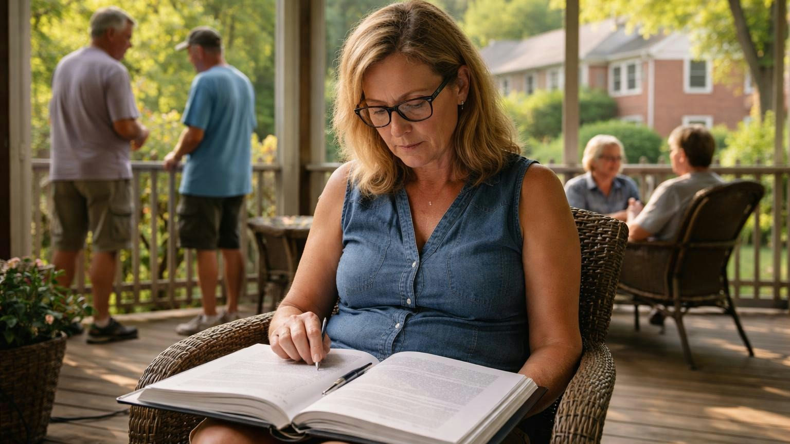 **Start with the deed.** A recorded master deed puts a Michigan community under the Condominium Act. A board member on a screened back porch in late-summer light, a thick recorded master deed open on her lap and a pen resting on the binding