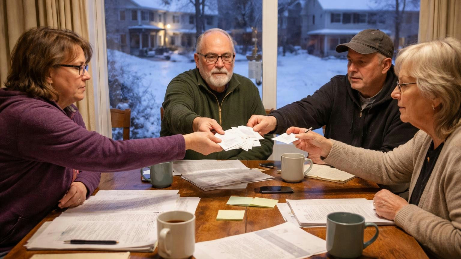 **Every clock gets an owner.** The law asks for dates and documents; the board's job is to make sure someone holds each one. At a dining table on a snowy weeknight, a board president holds out a fanned stack of blank index cards and three board members each take one