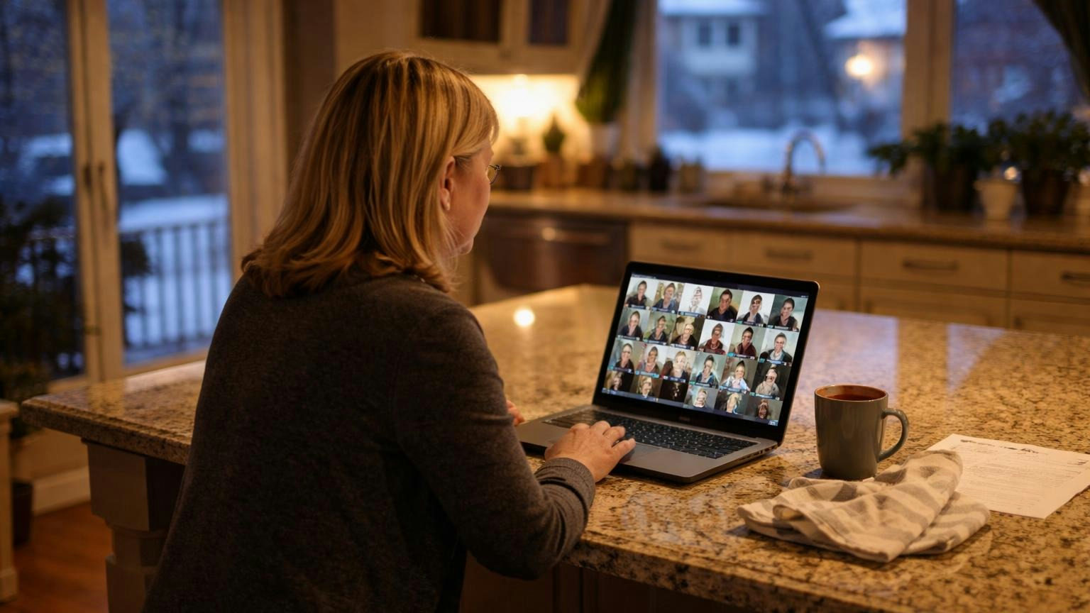 **Remote counts.** Unless your documents restrict it, a Michigan nonprofit association can hold its annual meeting entirely remotely. A homeowner at her kitchen island on a snowy evening joining her association's annual meeting from a laptop, its screen a soft glow, a mug and a dish towel beside her