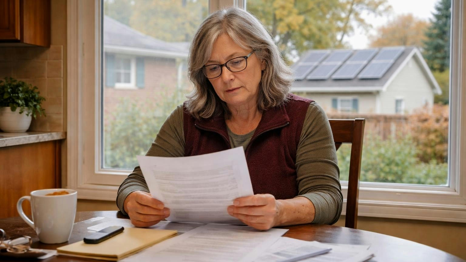 **Thirty days to answer.** Once the policy is adopted, a Michigan HOA approves or denies a solar application within 30 days. A Michigan board member at her kitchen table on a grey morning, reading a printed email while a neighbor's roof with new solar panels shows through the window behind her
