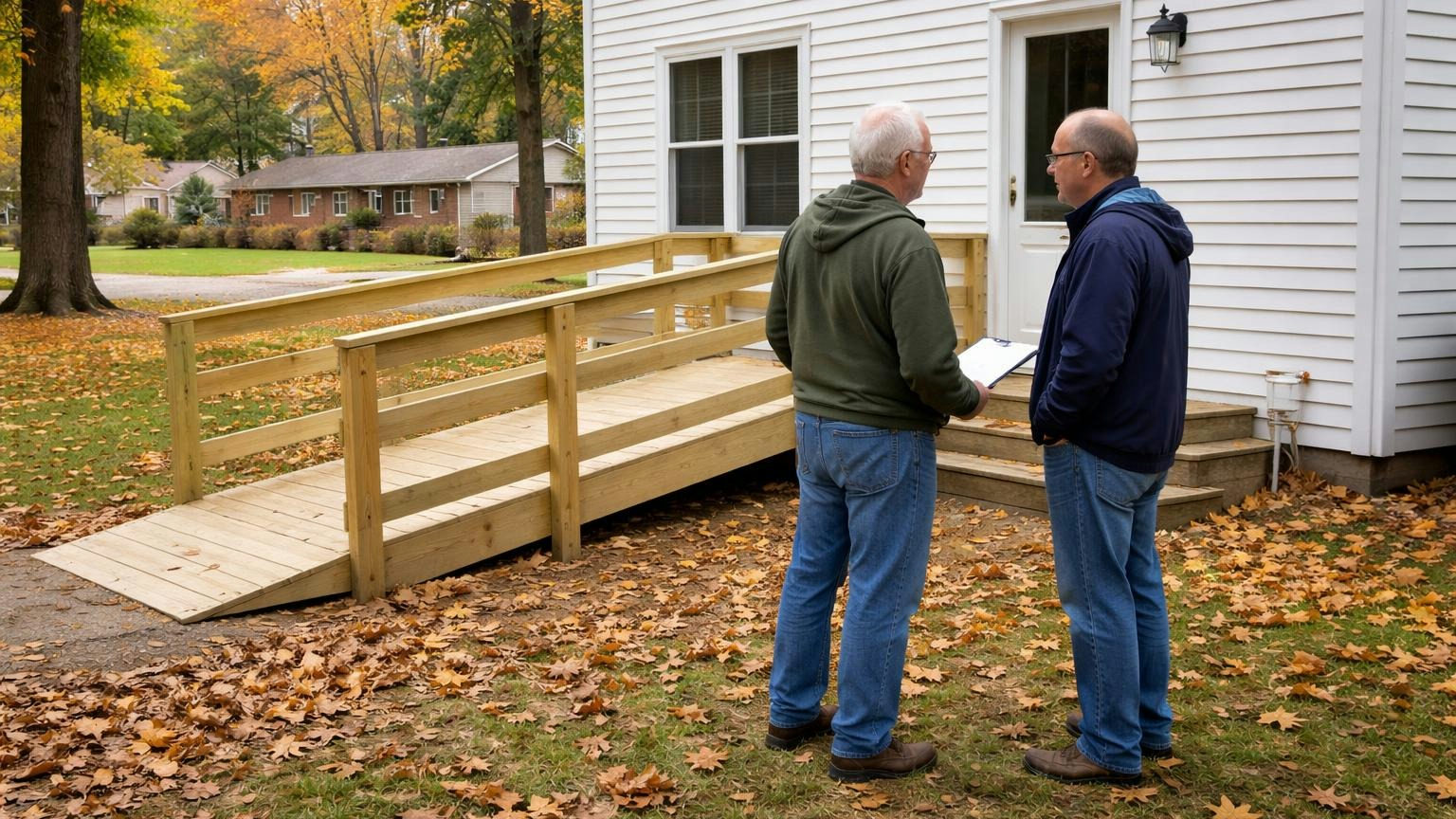 **Sixty days, then yes.** A Michigan condominium association decides an accessibility request within 60 days or the owner may build. A homeowner and a board member standing at the foot of a newly built wooden ramp to the side door of a two-story colonial, autumn maple leaves on the lawn