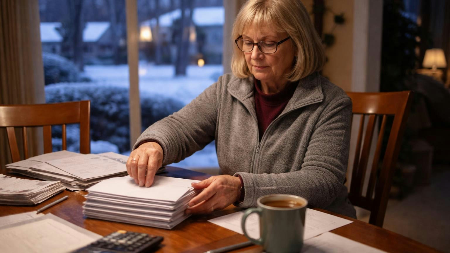 **Once a year, to every owner.** A Michigan condominium association sends each owner a financial statement every year. A treasurer at a dining table in a Michigan condo on a winter evening, sliding a sealed envelope into a stack of others beside a mug of coffee, snow outside the window