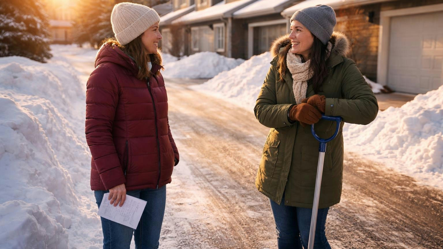 Two neighbors talking at the end of a freshly plowed shared townhome driveway in Minnesota at golden hour, one holding a folded letter, the other leaning on a snow shovel