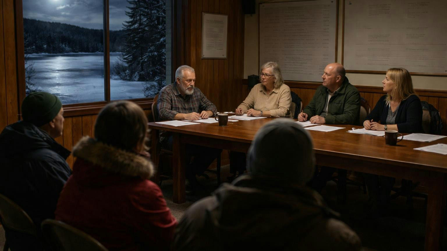 **Owners welcome.** Minnesota board meetings are open unless the subject is personnel, litigation, or a crime in the community. Four board members around a long wooden table in a small lakeside town hall on a winter night, two homeowners in parkas seated along the wall listening, a frozen lake under moonlight in the dark window