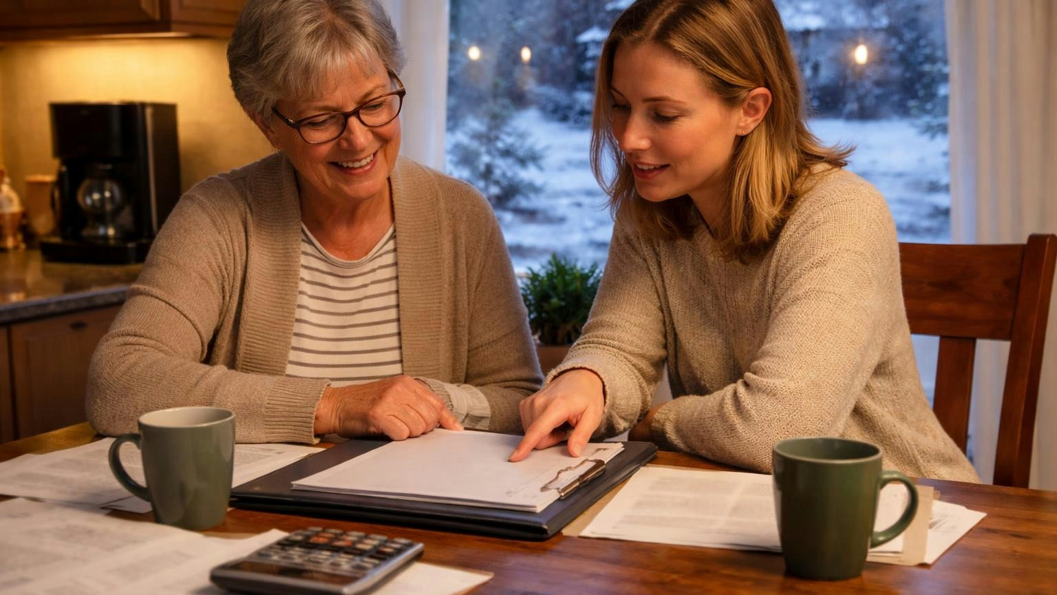 **One question, one statute.** A Minnesota association under chapter 515B owes its members a CPA-reviewed financial statement every year unless owners vote to skip it. A volunteer treasurer at her kitchen table in a Minnesota townhome on a snowy evening, a new neighbor beside her pointing at a closed binder, two mugs of coffee between them, a frosted window behind