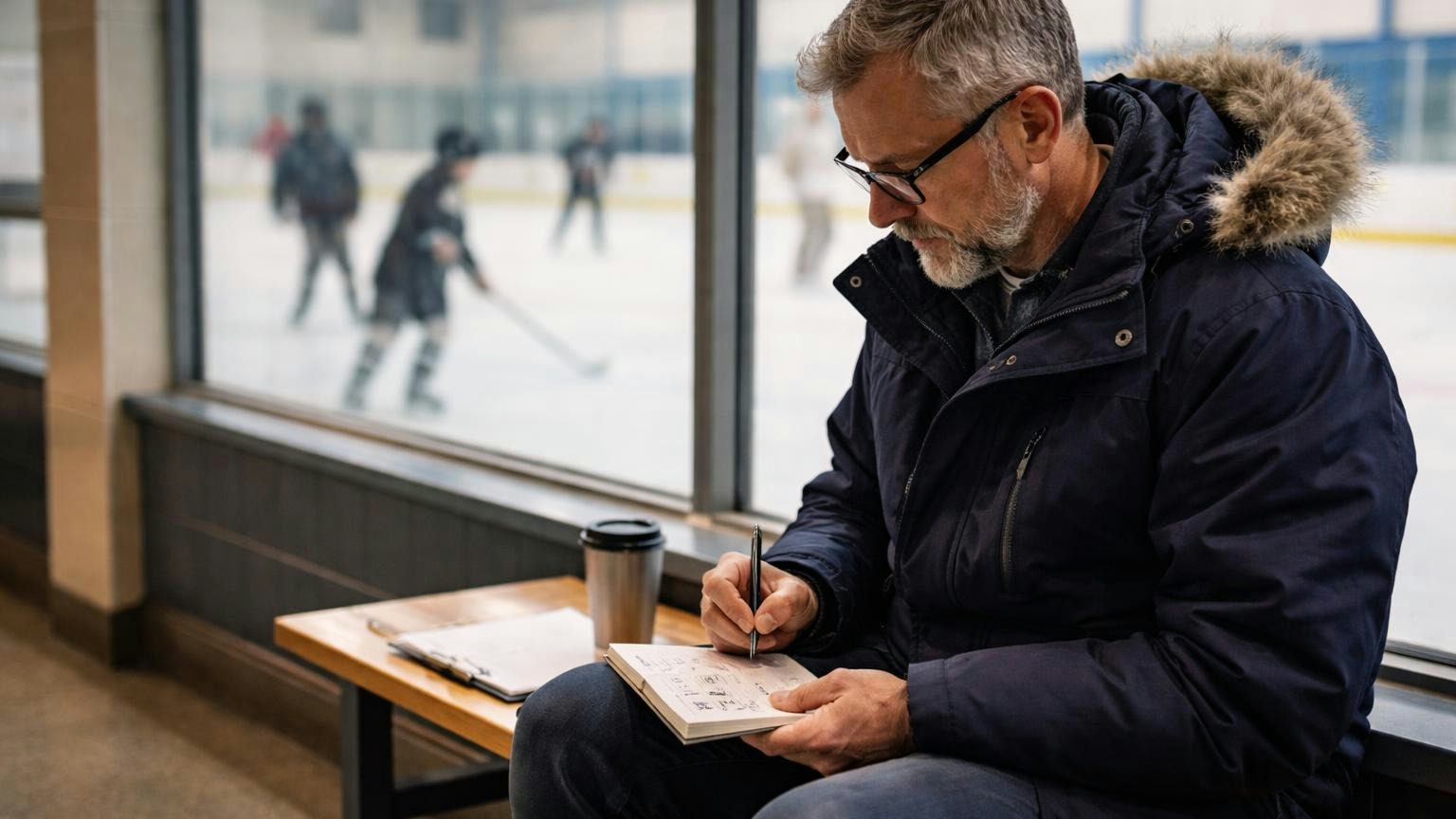 **Five boxes this month.** Start with the recording date: it tells you which Minnesota law your board answers to. A board member in a winter coat on a bench in a hockey rink lobby on a weekday evening, ticking off a short list of empty boxes in a small notebook while children skate behind the glass