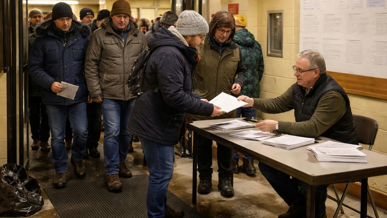 **Six items, every year.** The annual report reaches each owner at or before the annual meeting. Neighbors in winter coats filing into a school cafeteria on a weeknight, boots dripping on a mat by the door, a board member at a folding table handing a plain stapled packet to each homeowner as they pass