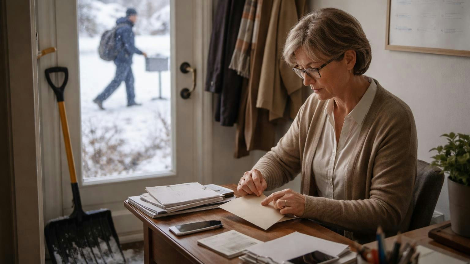 **Lien first, letters always.** A Minnesota lien arises the day an assessment is due, and the board has three years to enforce it. A board secretary at a small desk in her front hall on a grey winter afternoon, sealing a plain envelope, a snow shovel leaning by the door and a mail carrier crossing the snowy yard outside the window