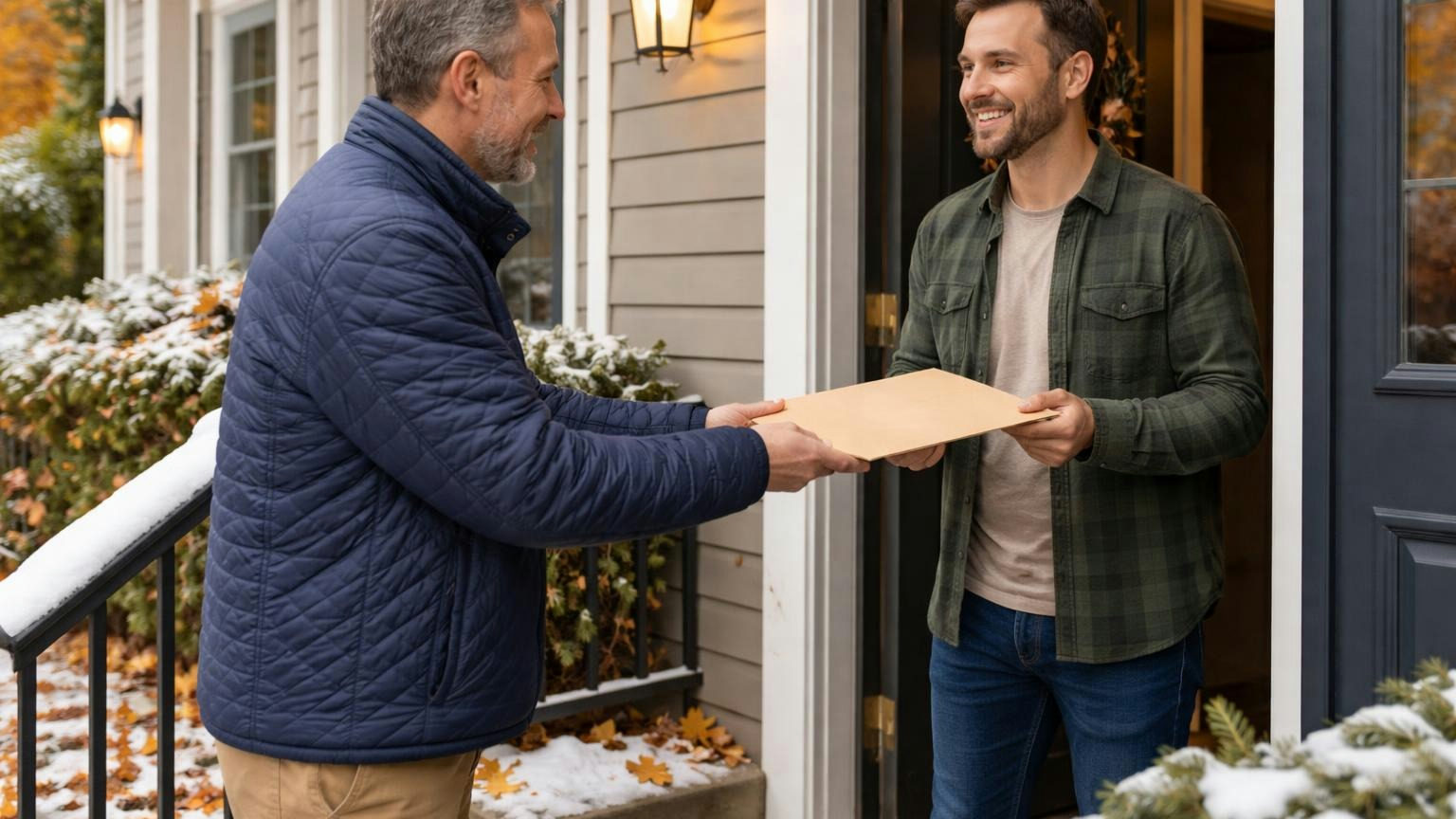 **Within 180 days.** The reviewed financial statements reach every member, unless owners voted to waive the review for that year. A treasurer handing a slim plain folder to a homeowner at a townhome front door in late autumn, a dusting of snow on the porch steps and maple leaves in the yard, both smiling