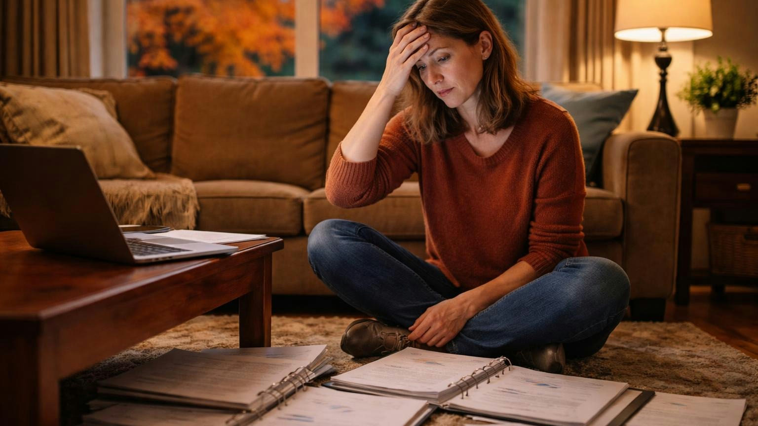 A volunteer HOA treasurer sitting on her living-room rug on an autumn evening, open binders around her and a laptop on the coffee table, rubbing her forehead