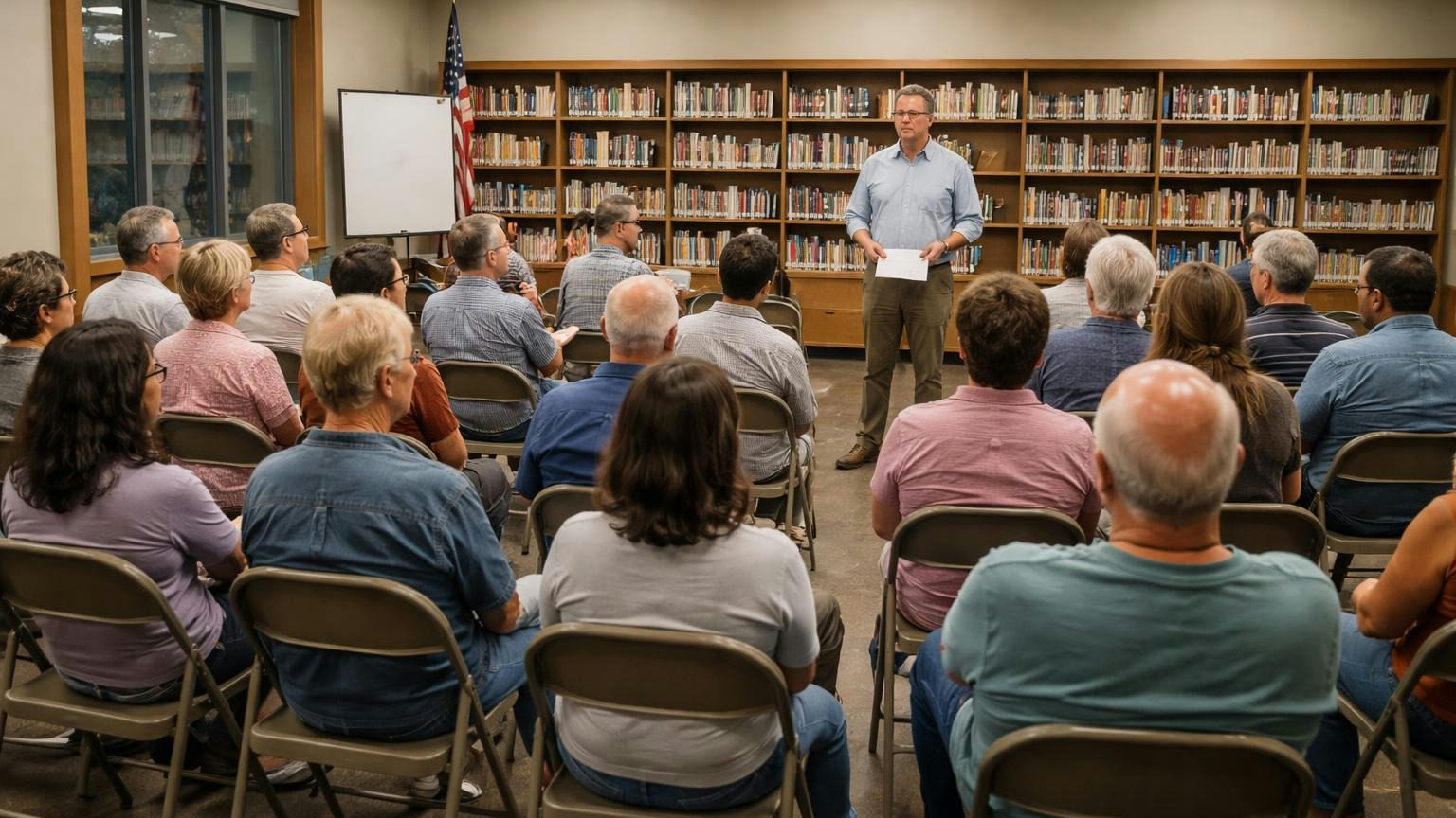 **Once a year, out loud.** The president and the chief financial officer report on the money at the annual meeting. Neighbors on folding chairs in a library community room in the evening, a board member standing at the front holding a few pages