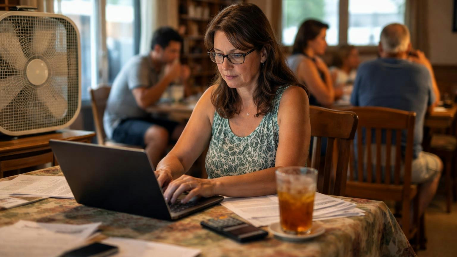 **August 31.** The filing that keeps the corporation off the state's dissolution track. A board treasurer typing on a laptop at a table on a hot late-summer evening, a box fan running and a glass of iced tea beside her