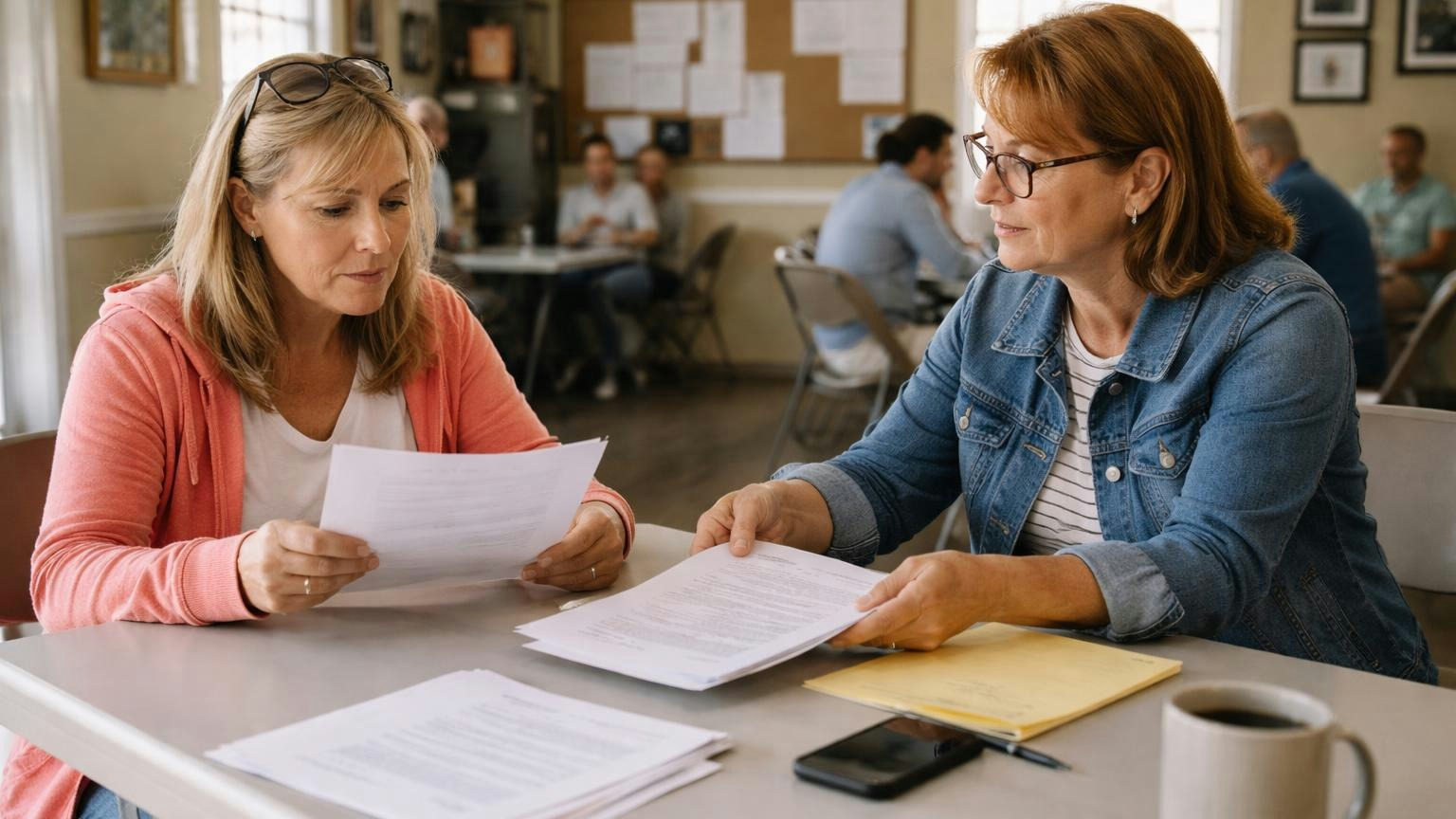 **Five business days.** A written request, a stated purpose, and copies at cost. A homeowner and a board secretary at a folding table in a clubhouse side room, the homeowner reading a copied page with her glasses pushed up