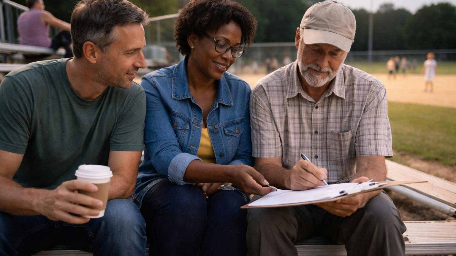 **Every director signs.** Unless the bylaws say otherwise, Missouri lets a board act between meetings only when all of them consent in writing. Three board members on bleachers beside a youth baseball field at dusk, the last of them signing a sheet on a clipboard