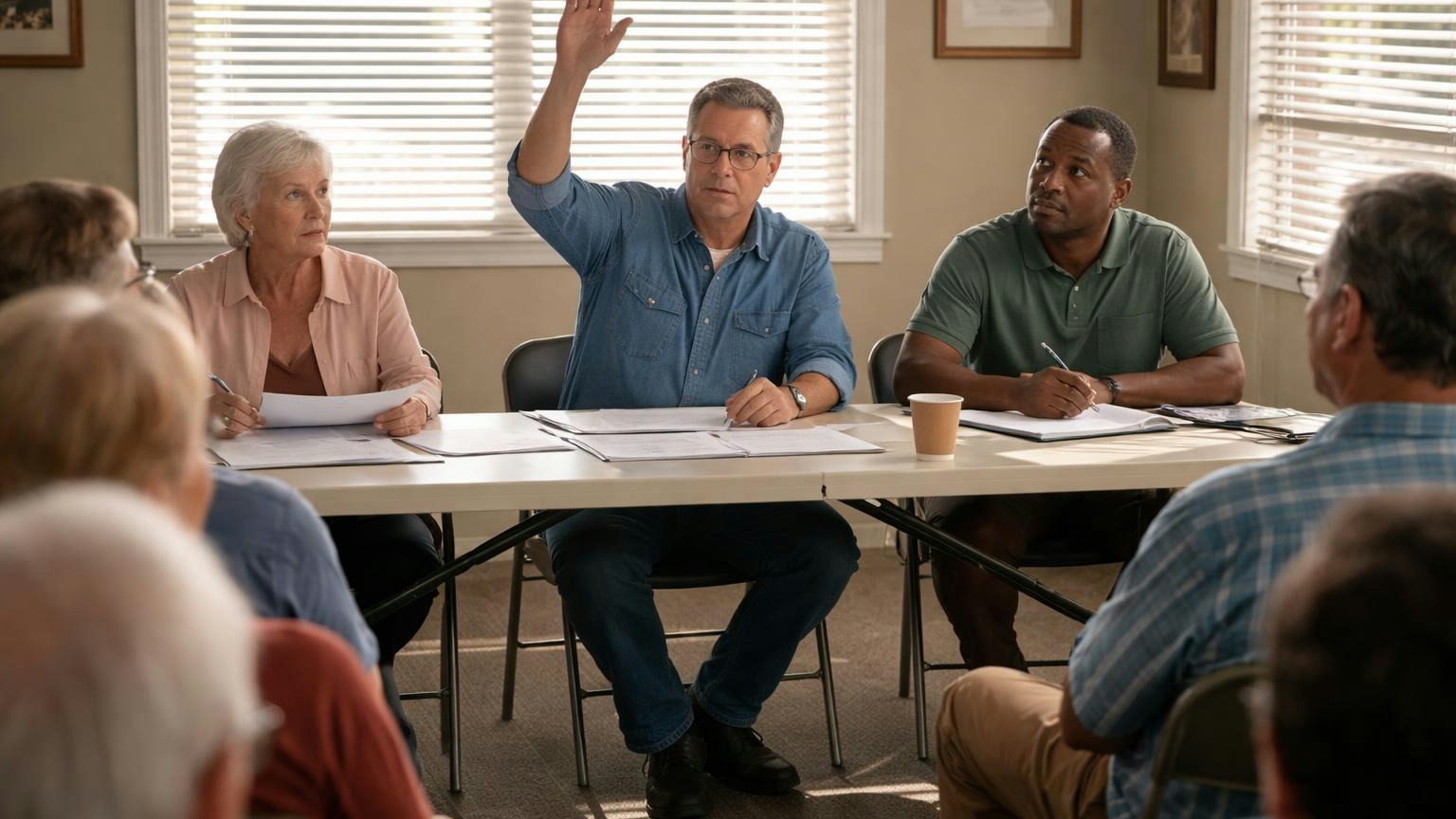 **Say it first.** The statute's path: a director with a stake in a contract discloses it, and the others decide. A board member at a folding table in a small clubhouse room raising his hand while other directors look up from their papers
