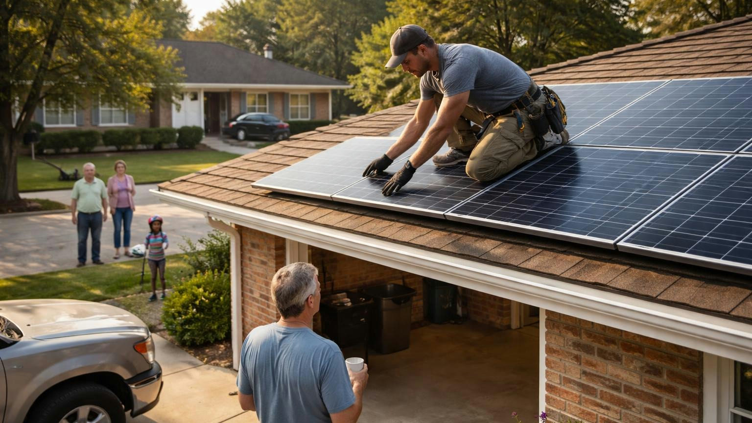 **The roof is the owner's.** A Missouri covenant cannot limit or prohibit rooftop solar the owner controls. A roofer kneeling on a brick ranch house roof fastening a solar panel on a clear morning while the homeowner watches from the driveway