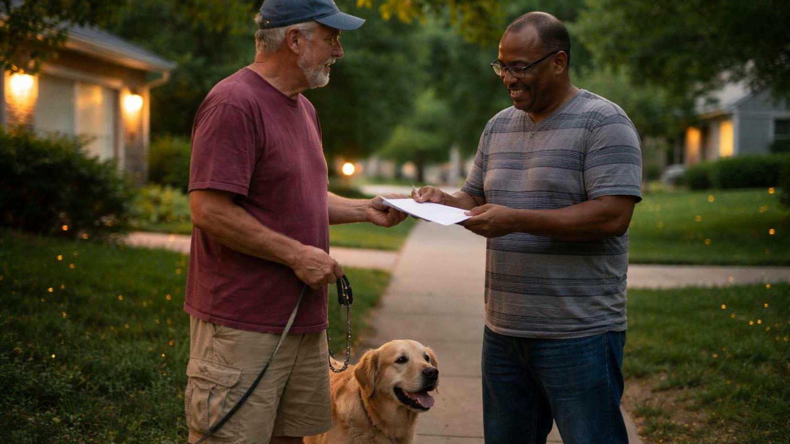**Five percent.** A handful of signed demands is enough to put a special meeting on the calendar. Two neighbors on a shaded subdivision sidewalk on a summer evening, one holding a dog on a leash and handing the other a folded sheet and a pen