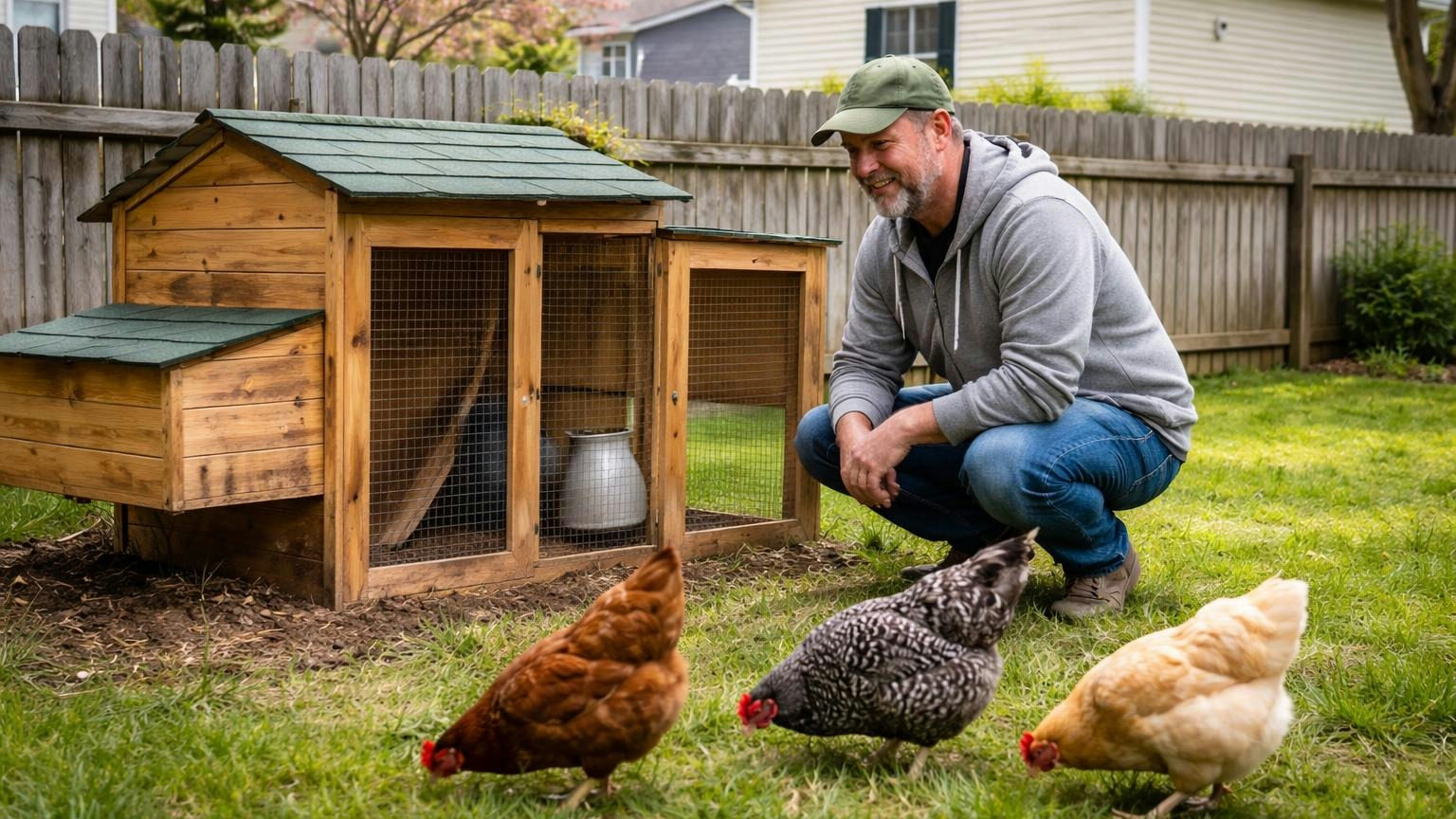 **Up to six.** Since August 2024, a Missouri covenant cannot ban a small flock on a lot of two-tenths of an acre or more. A homeowner kneeling beside a small wooden backyard chicken coop on a spring morning, three hens pecking in the grass