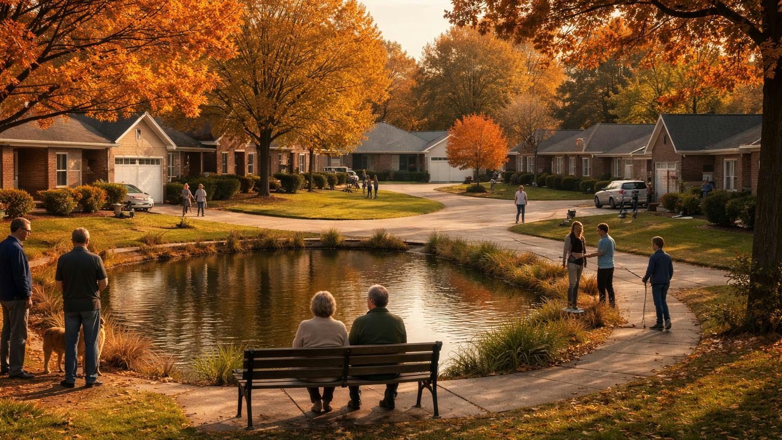 **Three sources, no act.** A Missouri board's duties come from its documents, chapter 355 and section 442.404. Brick ranch houses along a curving Missouri subdivision street in autumn, orange oak trees and a small common pond with a bench