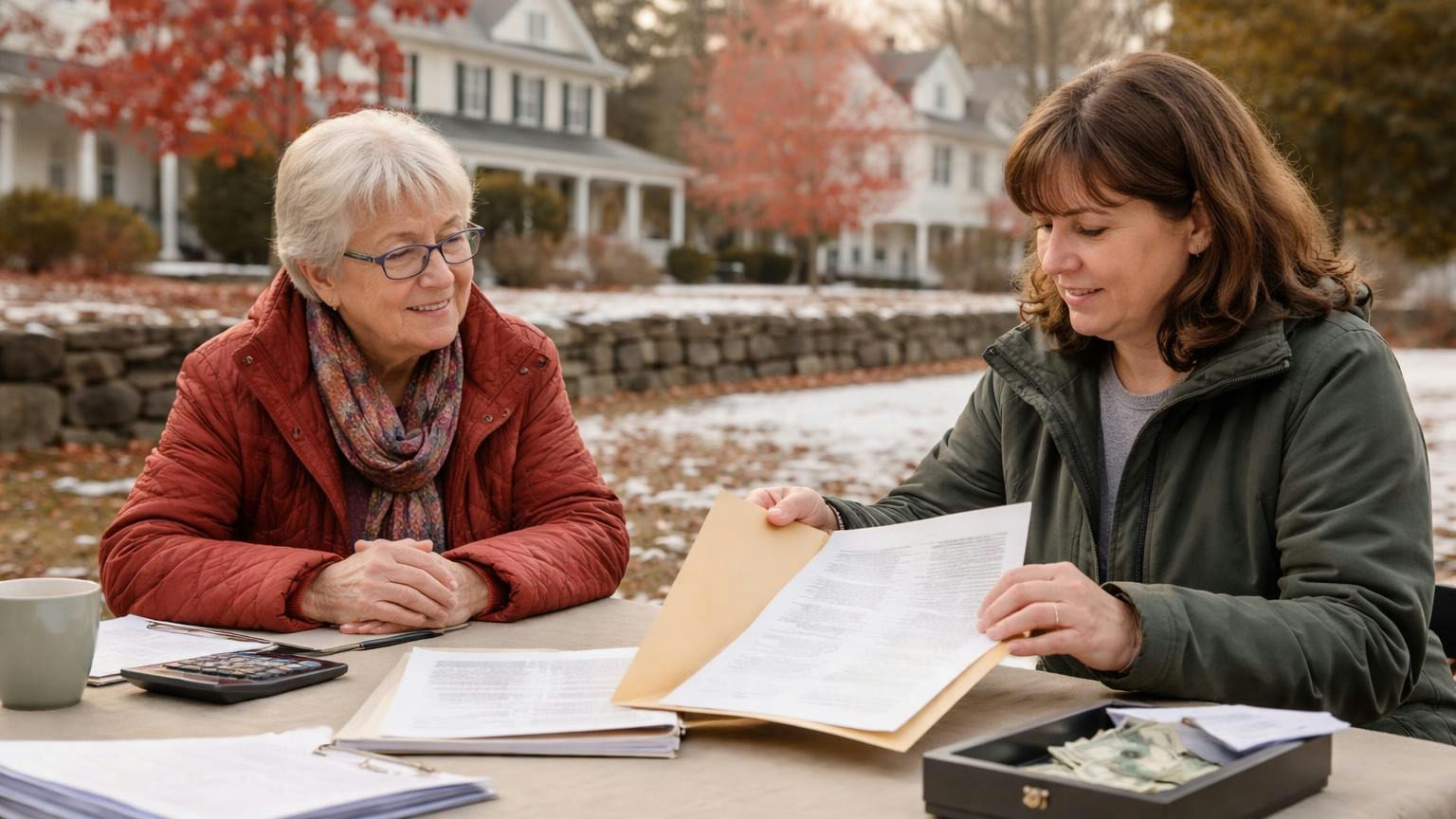 A volunteer treasurer at a library table on a winter afternoon sliding a folder of statements across to a homeowner, who opens it