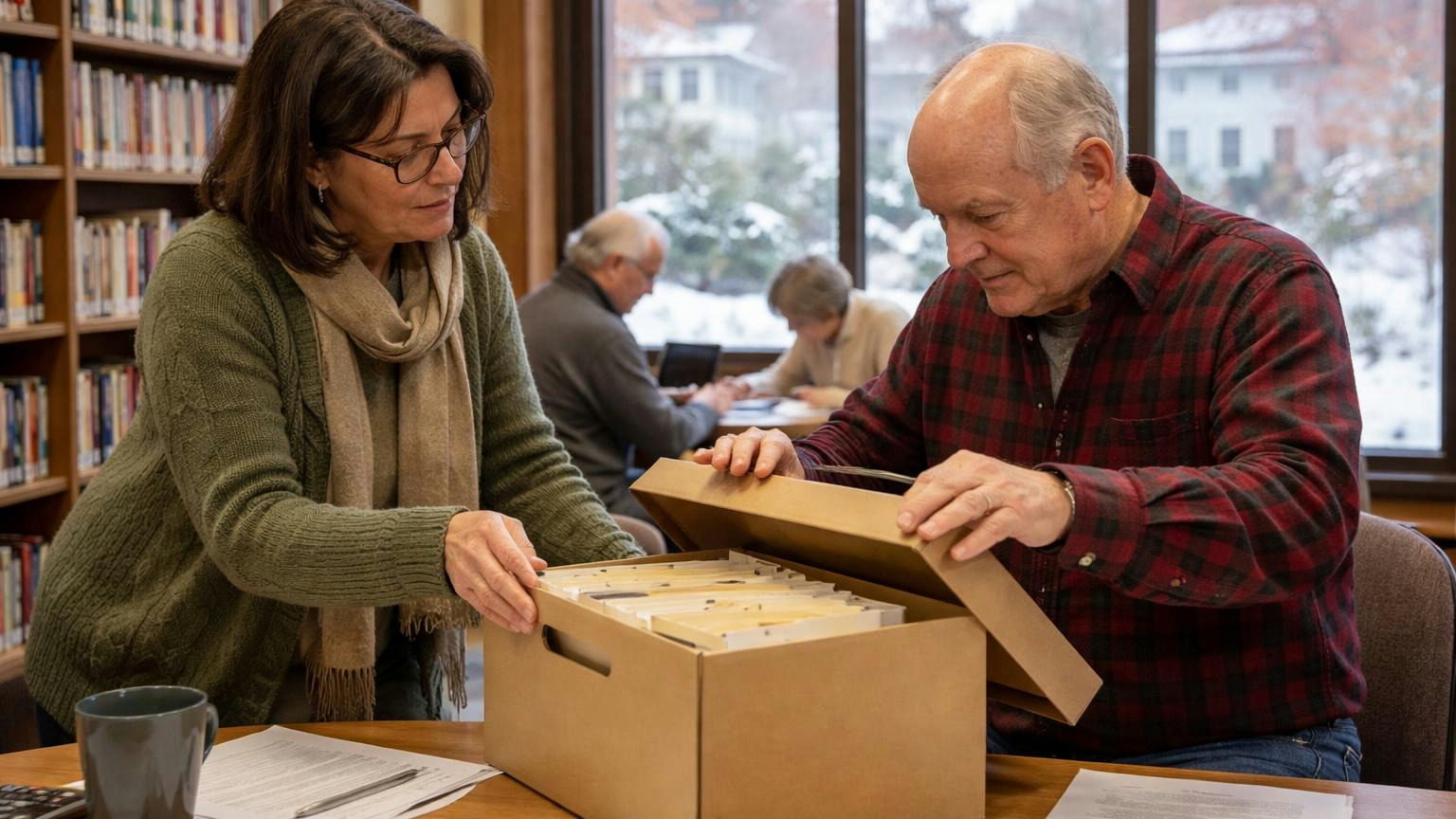 **Ask, and the board opens the books.** A New York HOA member can review invoices, bank accounts and contracts on request. In a small public library study room on a winter afternoon, a volunteer treasurer sets a plain cardboard file box of folders in front of a homeowner, who lifts the lid