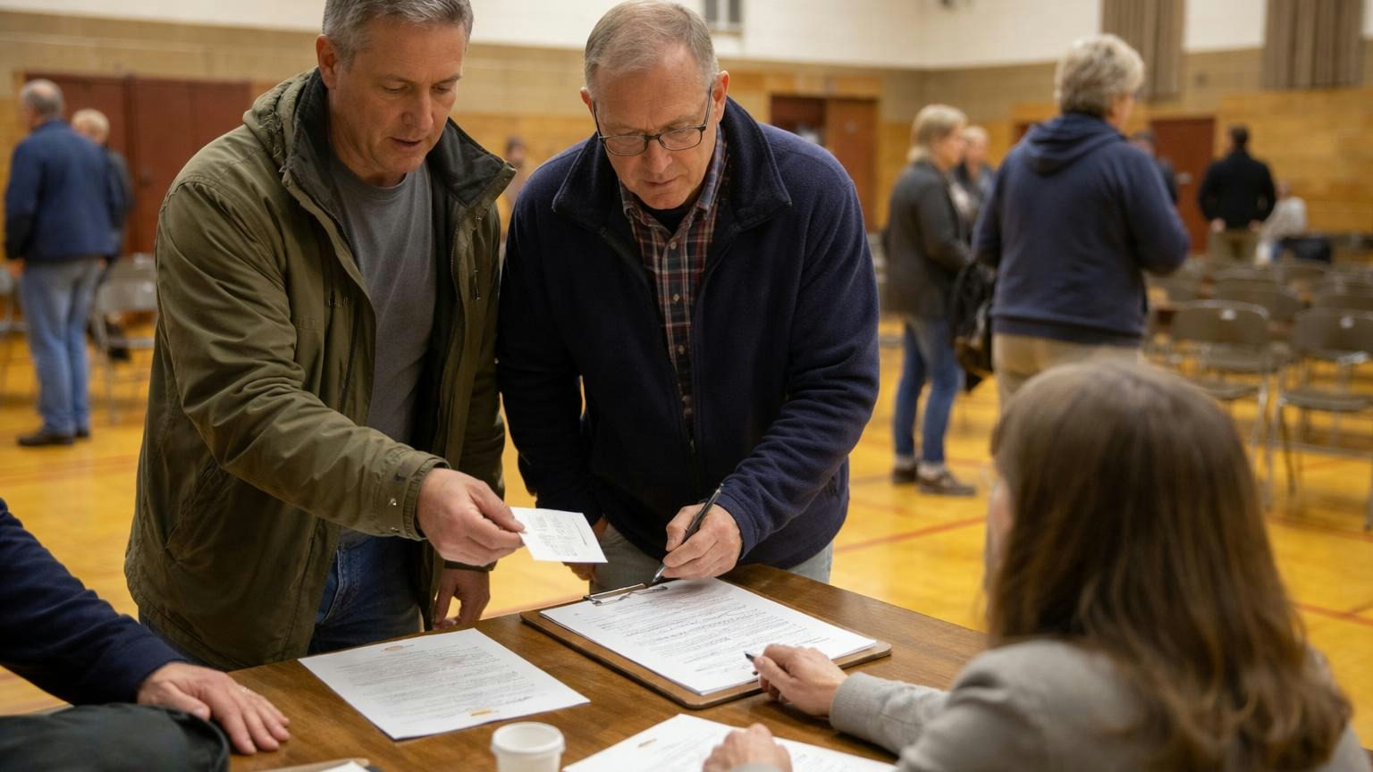 **Count before you start.** A New York quorum is a majority of the votes unless your bylaws set a lower number the statute allows. Two neighbors at a sign-in table in a school gymnasium on a weeknight, one handing a folded slip of paper to a board member who checks a clipboard of loose pen strokes
